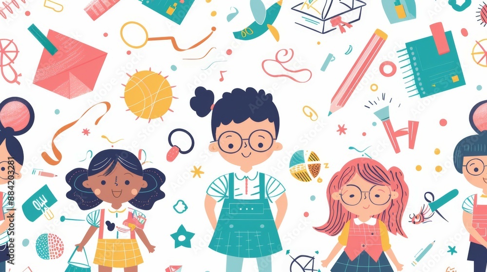 A charming and lively illustration showcasing children in a school setting with various school supplies and abstract elements symbolizing education, creativity, and fun. A charming and lively illustration showcasing children in a school setting with various school supplies and abstract elements symbolizing education, creativity, and fun.