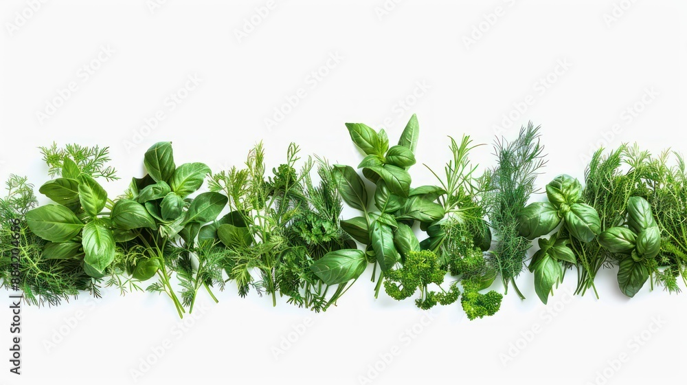 Obraz premium White background with rows of parsley, parsley and basil.