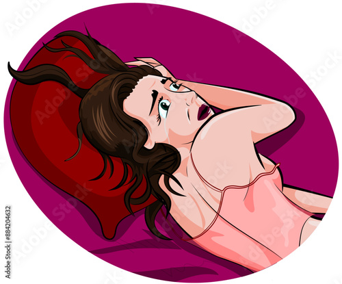 woman with long brown hair lying down, crying.. A frustrated romantic night. Inspiration from Pop Art