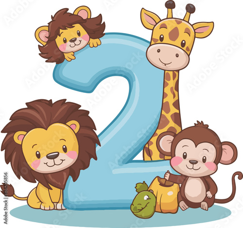 A cute number (0 to 9) surrounded by an adorable lion, giraffe, and monkey