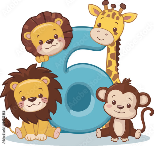 A cute number (0 to 9) surrounded by an adorable lion, giraffe, and monkey