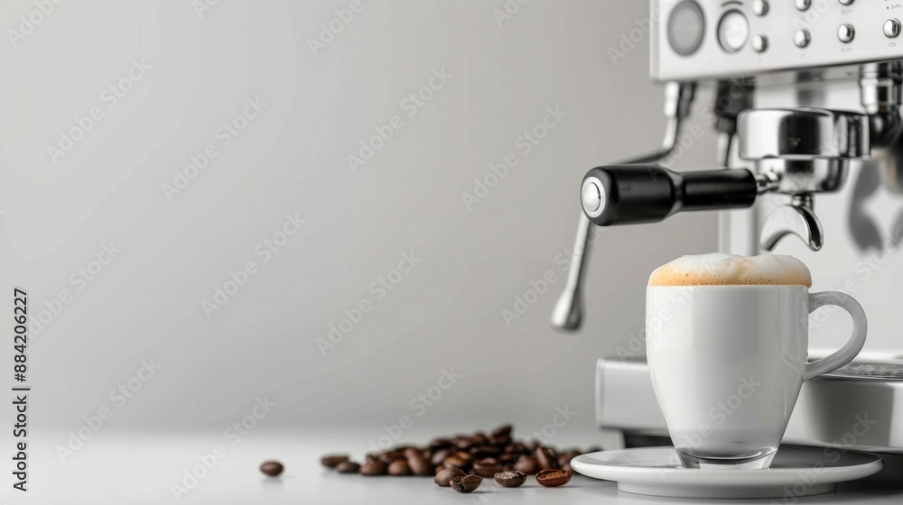 An espresso machine in action, brewing a cup of cappuccino with froth, accompanied by coffee beans. Perfect for cafe promotions and coffee lovers. An espresso machine in action, brewing a cup of cappuccino with froth, accompanied by coffee beans. Perfect for cafe promotions and coffee lovers.