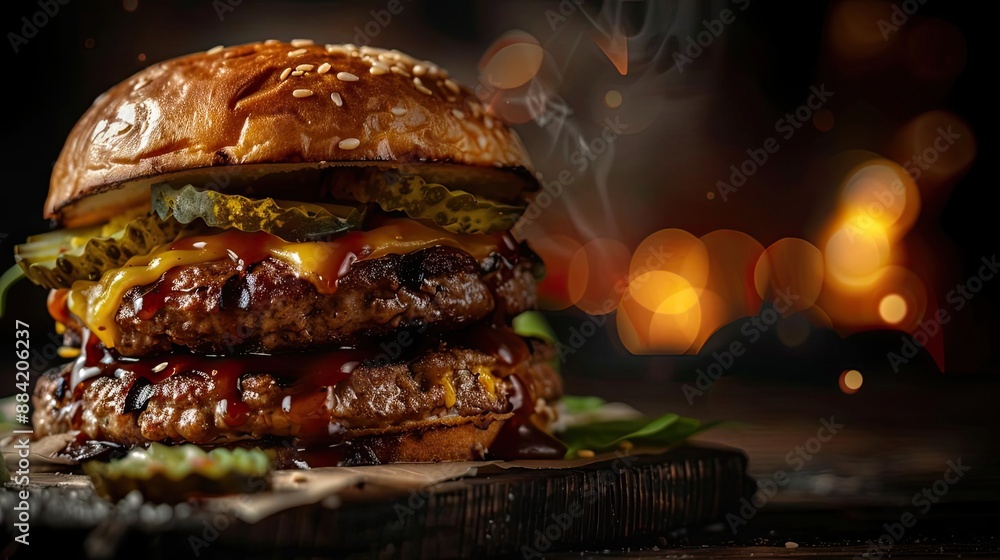 Close-up of a double cheeseburger with pickles, melted cheese, and barbecue sauce, set against a warm, rustic background. Close-up of a double cheeseburger with pickles, melted cheese, and barbecue sauce, set against a warm, rustic background.