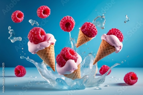 Three raspberry ice cream cones splash into water, creating dynamic droplets, against a blue background photo