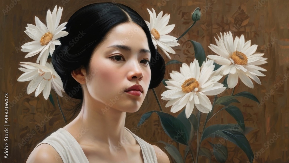 A portrait of a woman with large white flowers in the background A portrait of a woman with large white flowers in the background