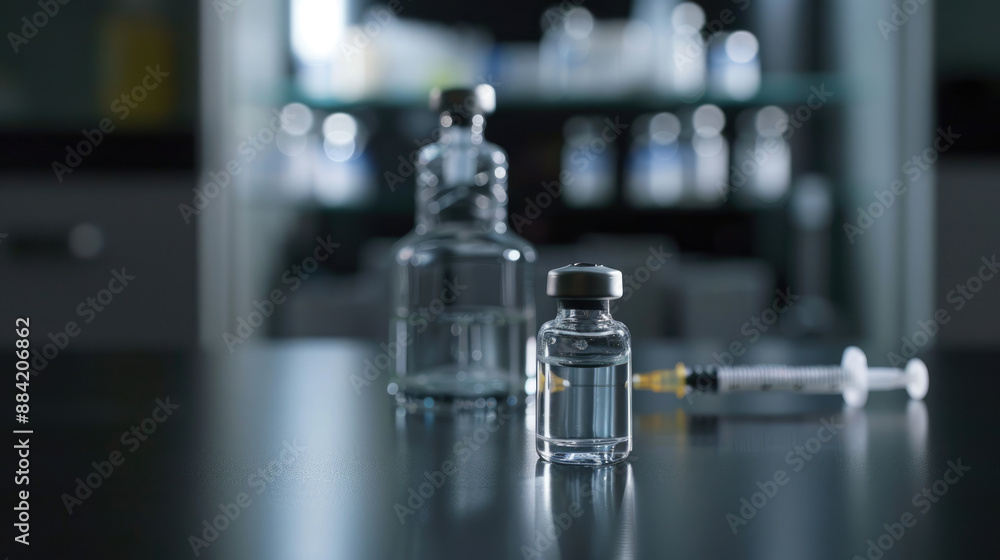 A minimal shot of a vaccine vial with a blurred syringe in the background A minimal shot of a vaccine vial with a blurred syringe in the background