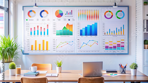 Wallpaper Mural Colorful infographics background with various business graphs, charts, and tables on a whiteboard, displaying statistical data and trends in a modern office setting. Torontodigital.ca