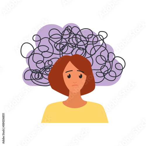 Anxiety mental health condition and bad emotional state of woman in chaos of thoughts vector illustration