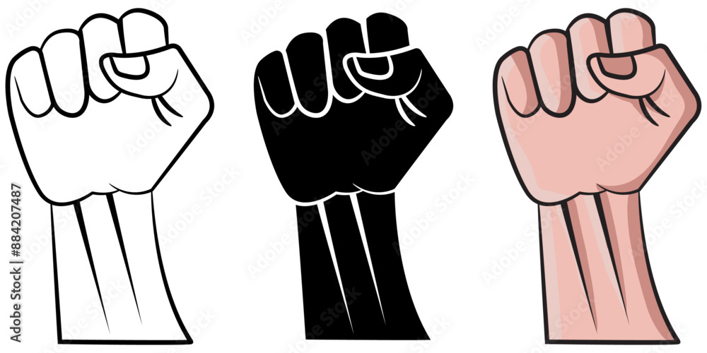 Set of raised fists in colour, back and white and white and black Set of raised fists in colour, back and white and white and black