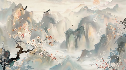 chinoiseries style painting of panorama mountain scene, illustration