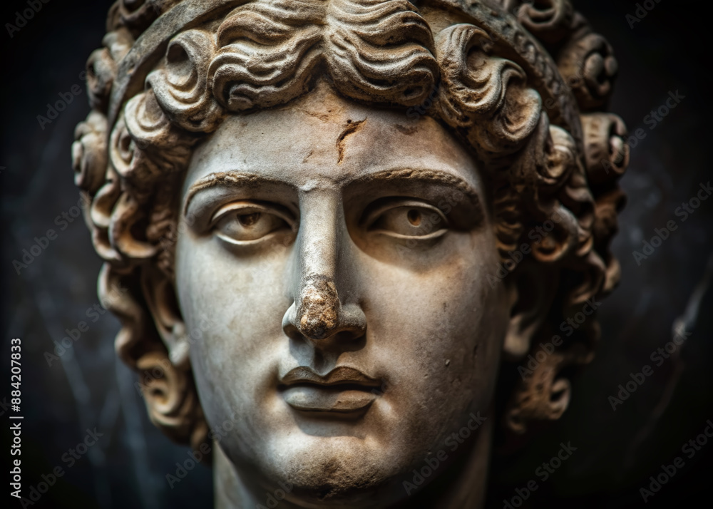 a close-up of an ancient greek sculptures face on dark background a close-up of an ancient greek sculptures face on dark background