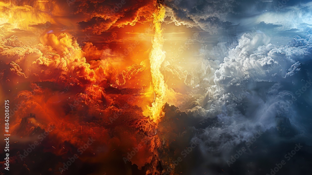 The flames are on the left. and the clouds are to the right The flames are on the left. and the clouds are to the right