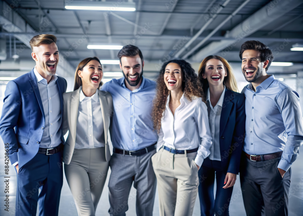 Fototapeta premium Group of happy young business people standing in a row and laughing.