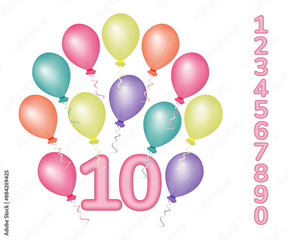 Celebration background with colorful balloons with number and text Happy Birthday. Design for holiday greeting card and invitation of party on transparent background. Baby and kids party decoration Celebration background with colorful balloons with number and text Happy Birthday. Design for holiday greeting card and invitation of party on transparent background. Baby and kids party decoration