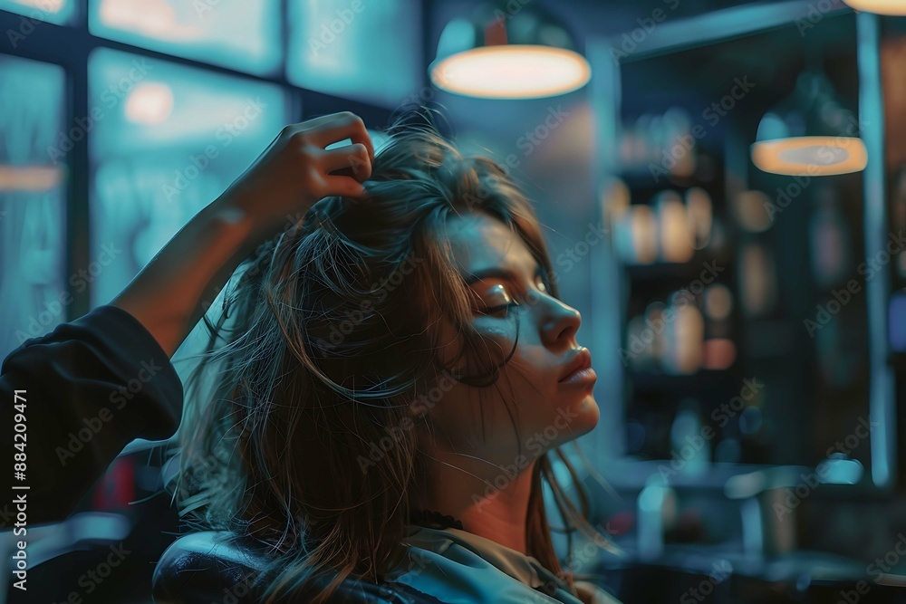 A hairdresser in a beauty salon performing hair care procedures, ensuring client's hair looks healthy and beautiful. A hairdresser in a beauty salon performing hair care procedures, ensuring client's hair looks healthy and beautiful.