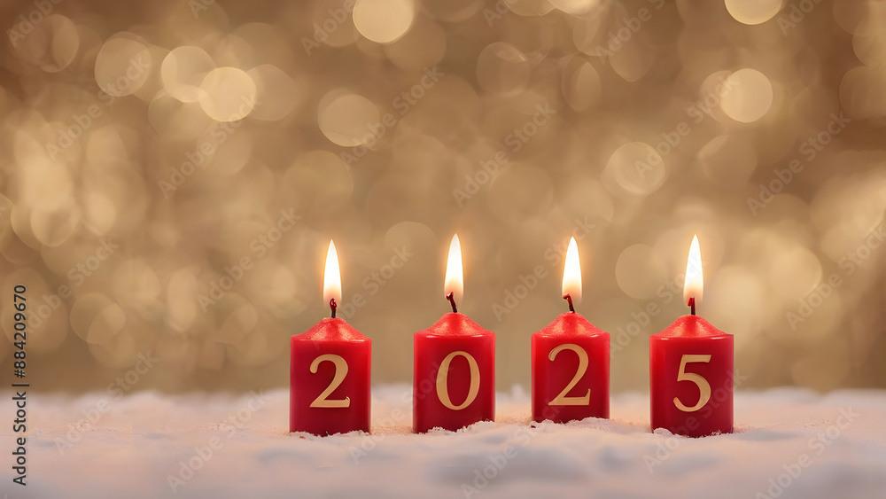 Festive background Happy New Year. Numbers 2025 made from golden burning red candles on festive sparkling bokeh background Festive background Happy New Year. Numbers 2025 made from golden burning red candles on festive sparkling bokeh background
