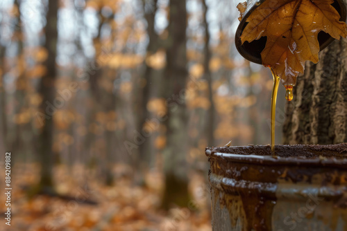 Close-up of maple sap dripping into a bucket, with a blurred maple tree forest