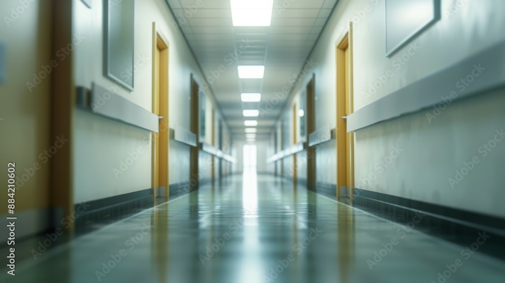 A scene of a hospital corridor with perfect symmetry, bright white lights, and polished floors conveying a sense of order, cleanliness, and modern healthcare environment. A scene of a hospital corridor with perfect symmetry, bright white lights, and polished floors conveying a sense of order, cleanliness, and modern healthcare environment.