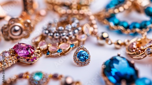 Gold jewelry with precious blue and pink gemstones is glittering on white background with shallow depth of field