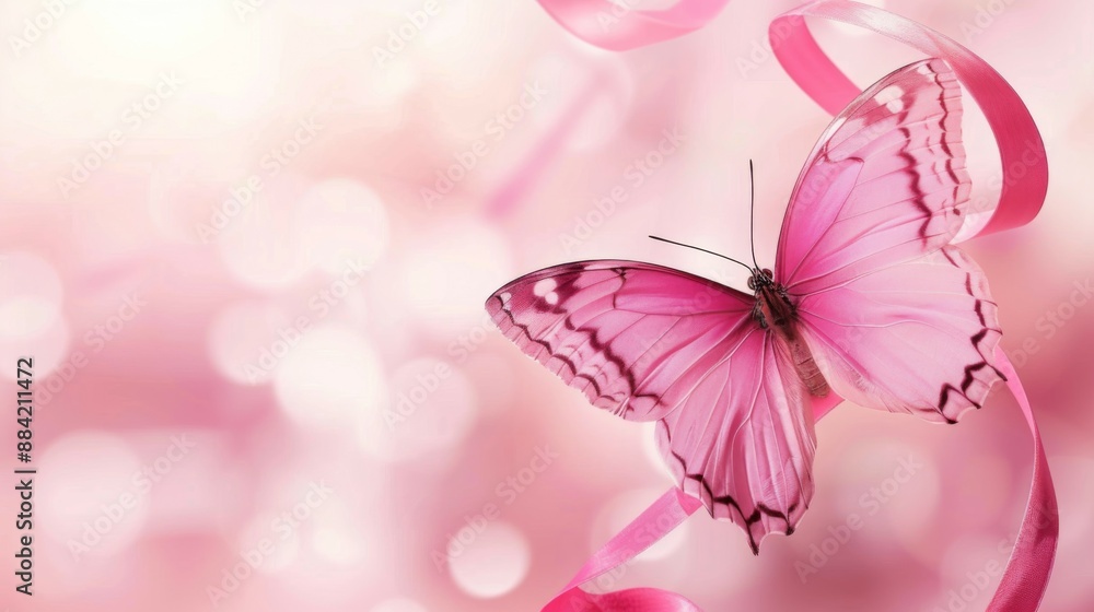 custom made wallpaper toronto digitalA beautiful pink butterfly is shown against a soft, glowing background with a flowing ribbon, embodying themes of transformation and grace in a serene, dreamy setting.