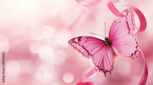 A beautiful pink butterfly is shown against a soft, glowing background with a flowing ribbon, embodying themes of transformation and grace in a serene, dreamy setting.