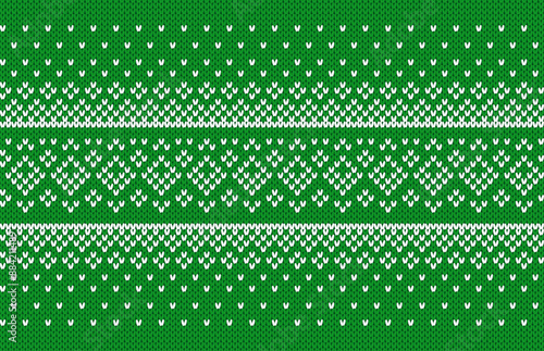 Christmas geometrical knitted texture with snowflakes. Xmas ornament. Holiday green background ornament border. Festive sweater. Knit seamless pattern. Fair isle traditional print. Vector illustration