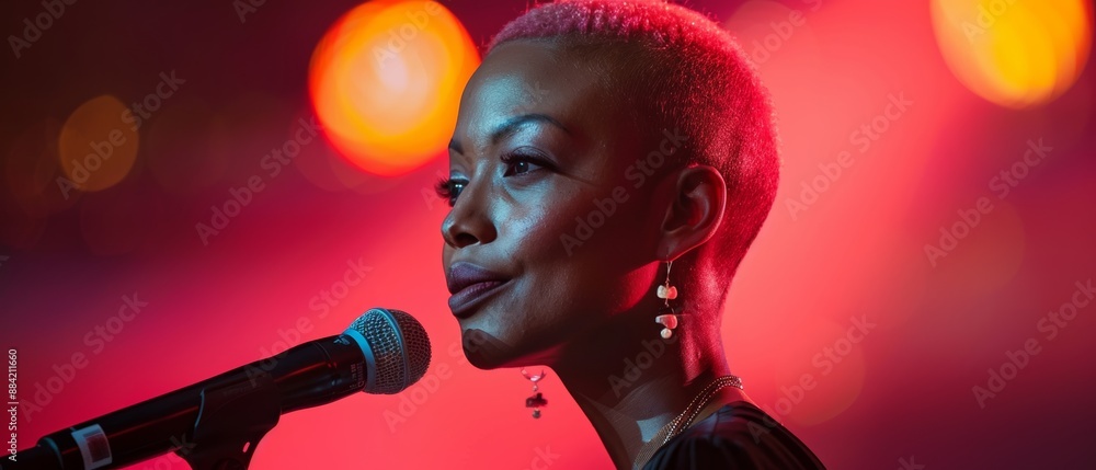 A woman with a shaved head sings into a microphone on stage. A woman with a shaved head sings into a microphone on stage.