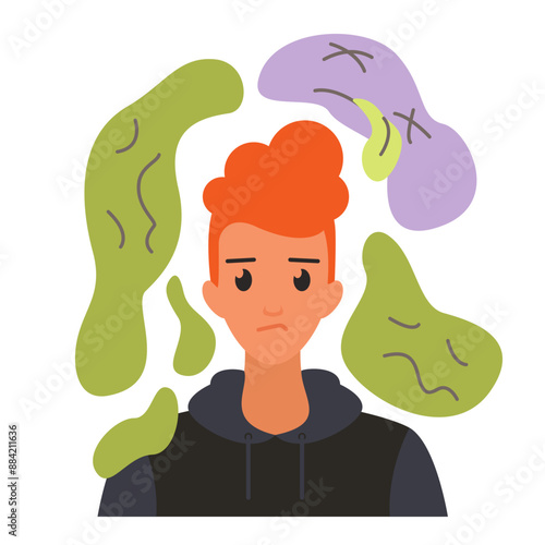 Young man suffering from toxic negative thoughts and melancholy vector illustration