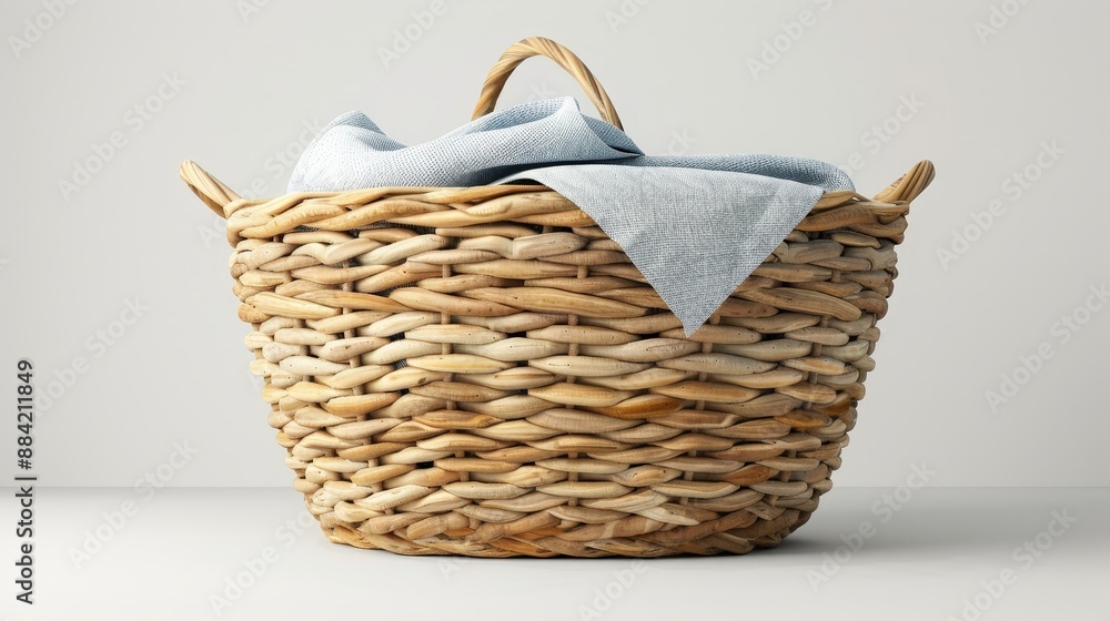 Obraz premium Woven Straw Basket with Blue Cloth on White Background - Rustic Home Decor and Storage Solution