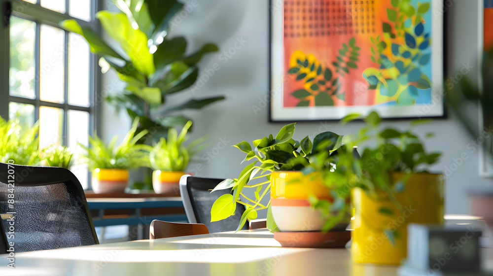 A classroom with a white board and a few potted plants A classroom with a white board and a few potted plants