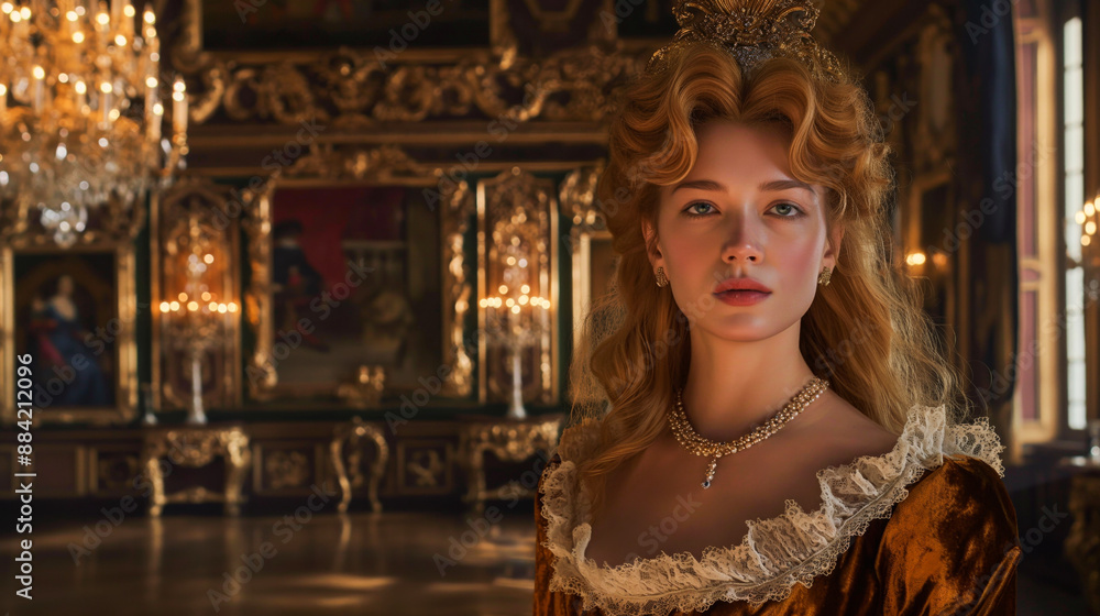 A regal woman dressed in historical attire stands in an ornate palace interior, surrounded by chandeliers and elaborate decorations A regal woman dressed in historical attire stands in an ornate palace interior, surrounded by chandeliers and elaborate decorations