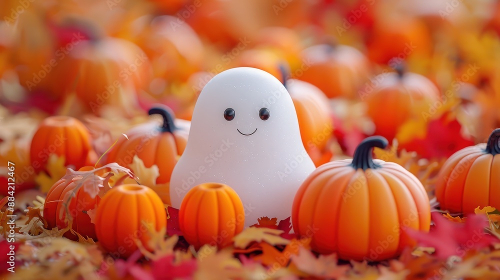 Cute Halloween Ghost Surrounded by Pumpkins and Autumn Leaves, Festive Fall Decoration Cute Halloween Ghost Surrounded by Pumpkins and Autumn Leaves, Festive Fall Decoration
