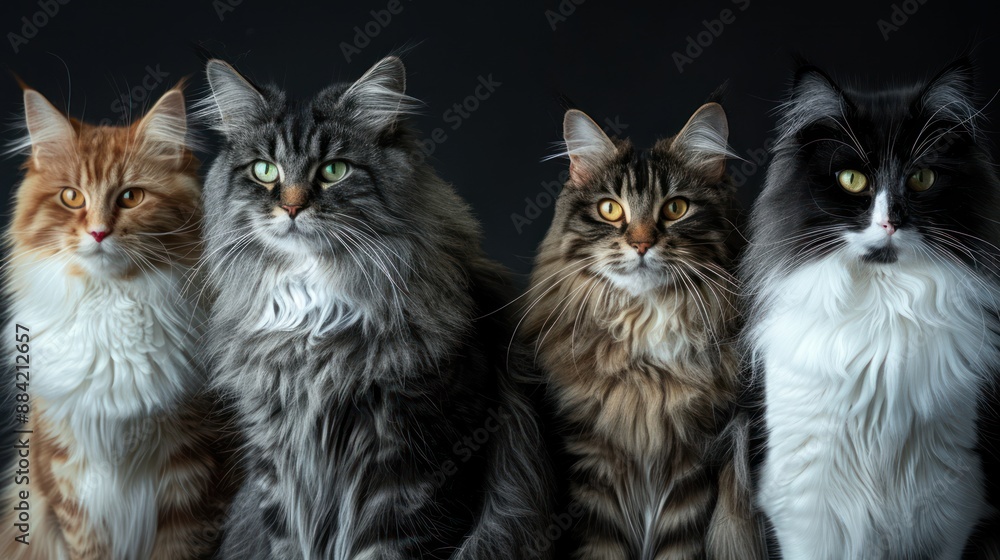 Four Maine Coon Cats Posing Against A Black Background Four Maine Coon Cats Posing Against A Black Background