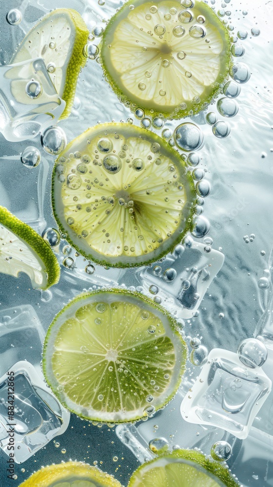 Close Up of Lime Slices Floating in Sparkling Water With Ice Cubes Close Up of Lime Slices Floating in Sparkling Water With Ice Cubes