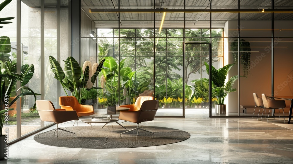 Modern office lobby with large windows and tropical plants. Modern office lobby with large windows and tropical plants.