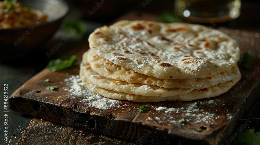 Freshly Baked Naan Bread on Wooden Cutting Board Freshly Baked Naan Bread on Wooden Cutting Board
