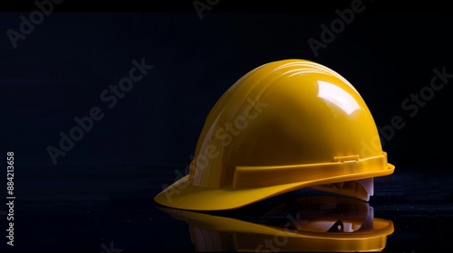 A yellow construction helmet displayed prominently against a dark background, emphasizing safety and durability in the construction industry with its bold color and solid build. photo