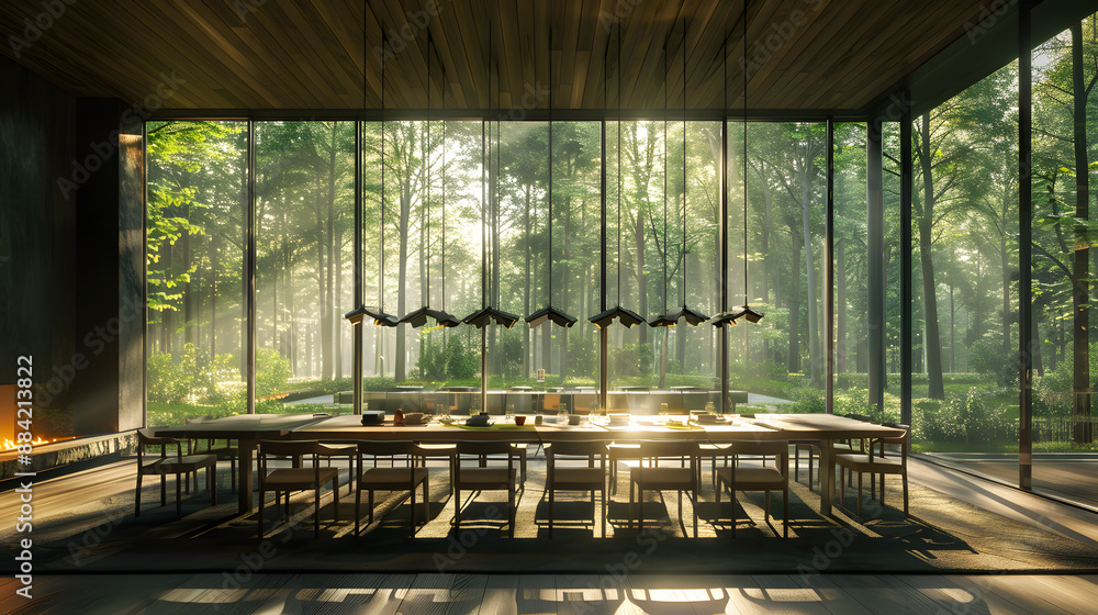 Fototapeta premium A large dining room with a long table and many chairs