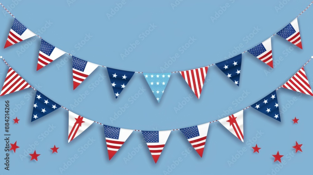 Obraz premium This vibrant image displays a patriotic-themed flag bunting with alternating stars and stripes in red, white, and blue, ideal for national celebrations and events.