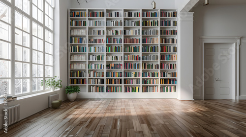 A large room with a white wall and a white bookshelf