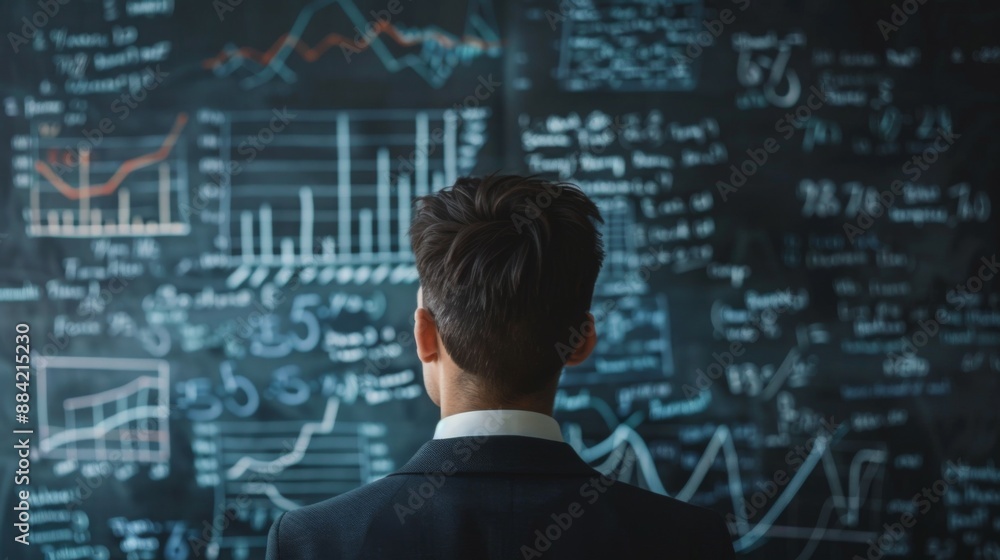 A person in a suit is standing and analyzing complex data, equations, and graphs on a large chalkboard, deeply engaged in thought and creative problem-solving. A person in a suit is standing and analyzing complex data, equations, and graphs on a large chalkboard, deeply engaged in thought and creative problem-solving.