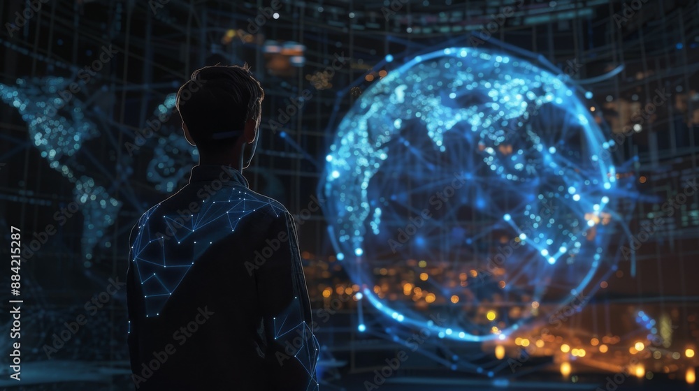 Fototapeta premium An individual faces a digital holographic globe with blue connections and nodes, representing global networks, information exchange, and the technological era.