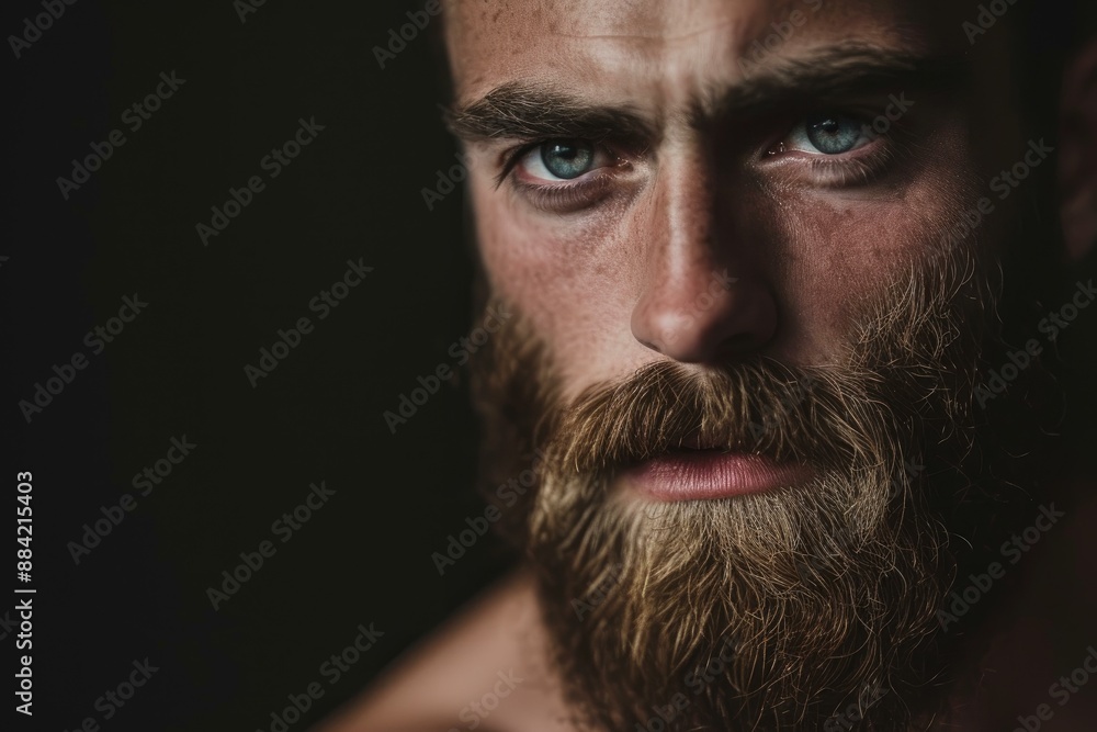 Fototapeta premium Contemplative Beard man portrait. Black face shot, model boy. Generate Ai
