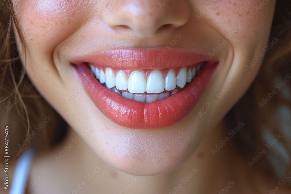 Closeup of a womans bright smile with healthy white teeth and pink glossy lips Closeup of a womans bright smile with healthy white teeth and pink glossy lips