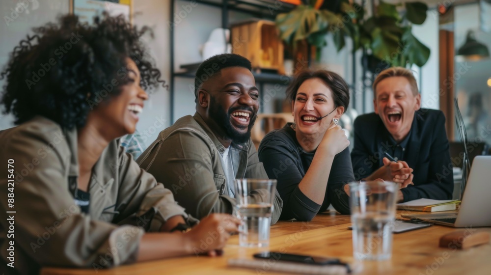A diverse group of individuals laughing and engaging with each other around a wooden table, depicting a lively and positive atmosphere in an office setting. A diverse group of individuals laughing and engaging with each other around a wooden table, depicting a lively and positive atmosphere in an office setting.