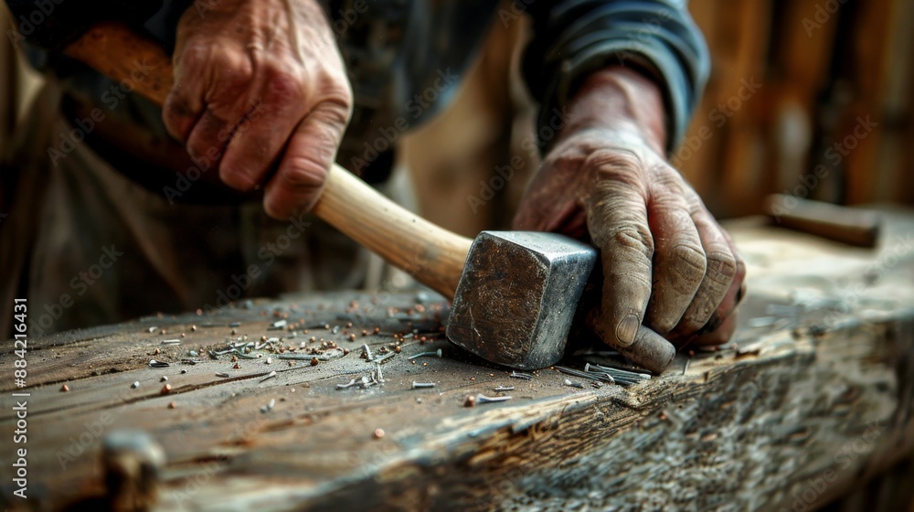 Detailed close-up of rugged hands hammering nails into a wooden plank, capturing the texture and determination, representing the dedication and skill of manual labor and craftsmanship. Detailed close-up of rugged hands hammering nails into a wooden plank, capturing the texture and determination, representing the dedication and skill of manual labor and craftsmanship.