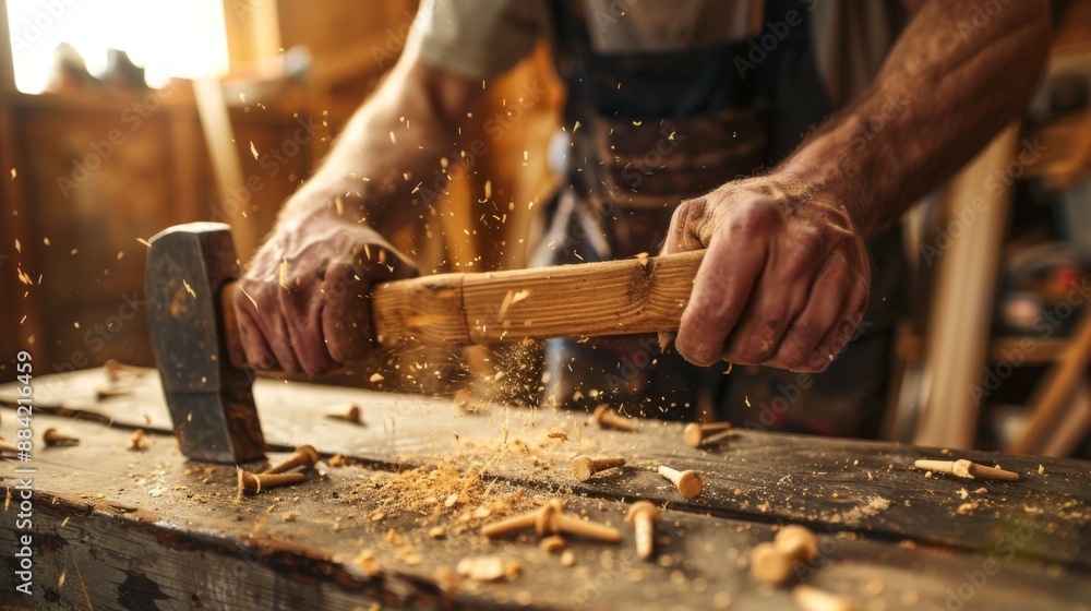 A woodworking enthusiast intently shapes a piece of wood with a hammer in a cluttered room, sawdust flying everywhere, symbolizing perseverance, passion, and hands-on effort. A woodworking enthusiast intently shapes a piece of wood with a hammer in a cluttered room, sawdust flying everywhere, symbolizing perseverance, passion, and hands-on effort.