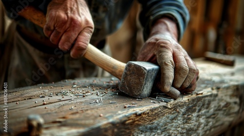 Detailed close-up of rugged hands hammering nails into a wooden plank, capturing the texture and determination, representing the dedication and skill of manual labor and craftsmanship.