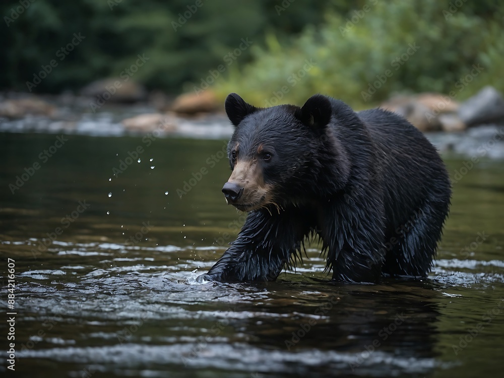 Black bear cub fishing in Appalachian strea Black bear cub fishing in Appalachian strea
