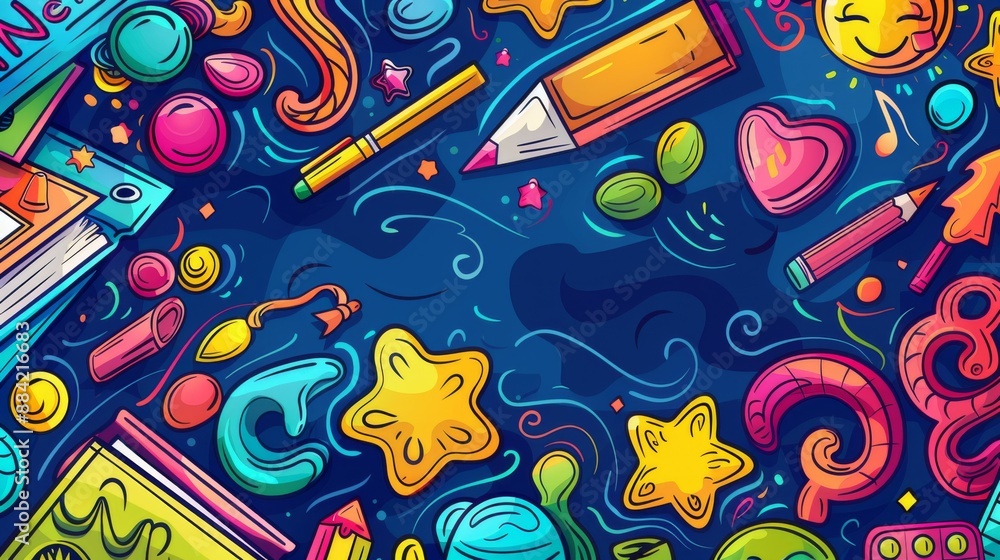 A visually striking arrangement of colorful pencils, star shapes, and other playful objects set against a dark background, brought to life with bright and dynamic illustrations.